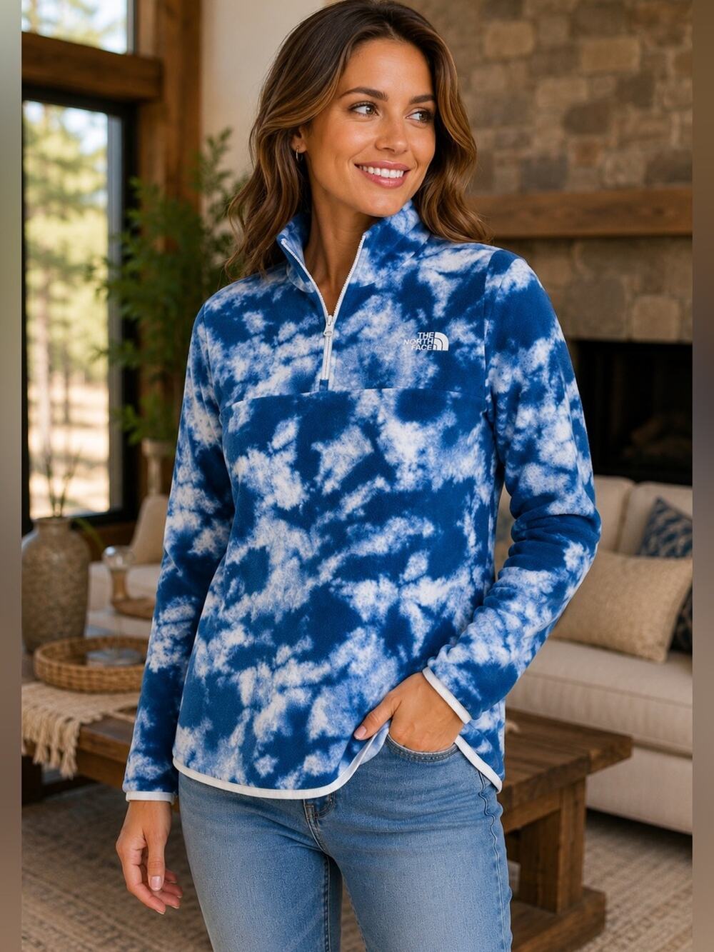 The North Face Women’s Quarter Zip Fleece Pullover Blue Cloud Print Size SP